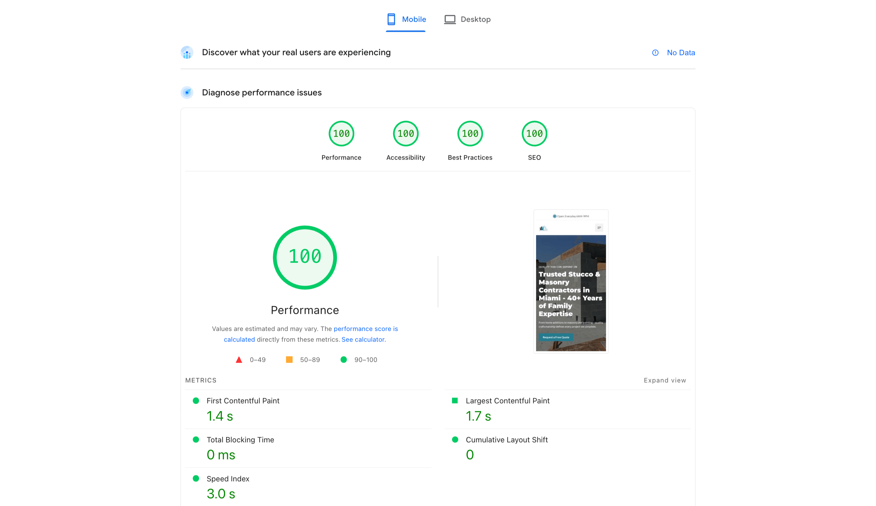 Google PageSpeed Insights showing 100 scores across Performance, Accessibility, Best Practices, and SEO